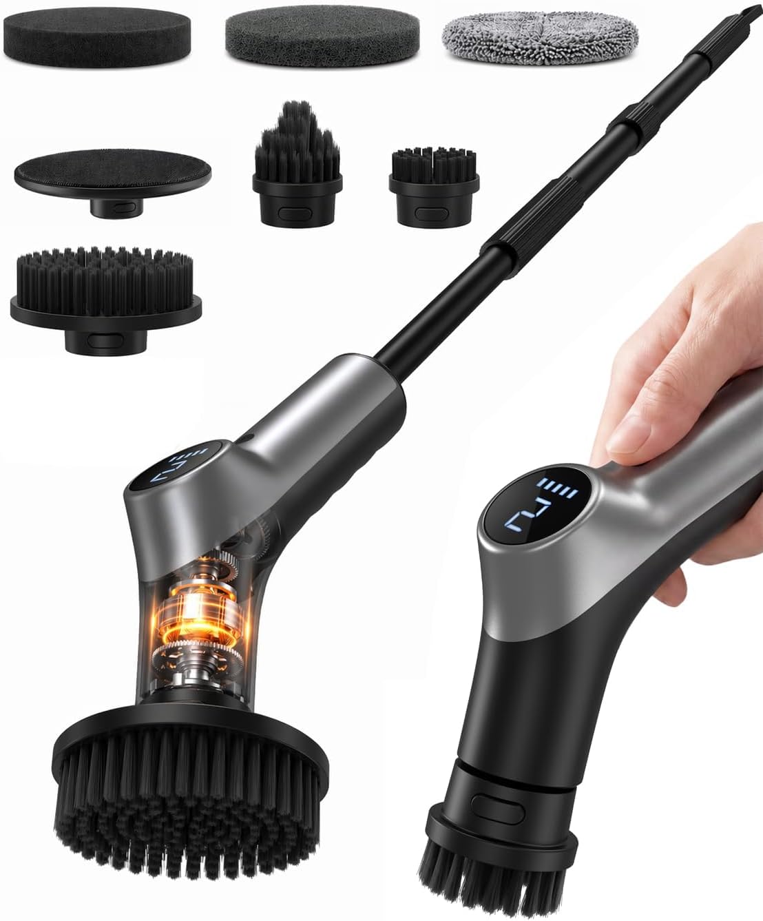 Electric Spin Scrubber for Bathroom, IPX7 Cordless Cleaning Brush with 6 Replaceable Brush Heads