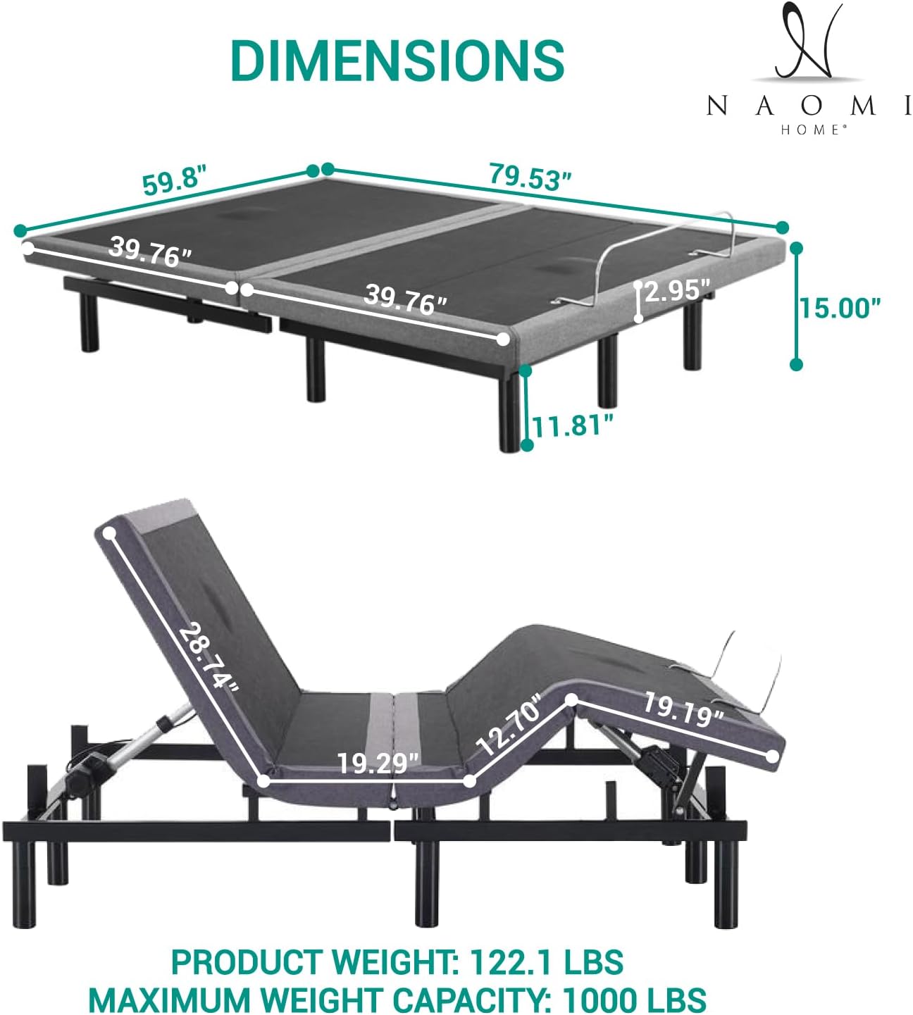 Naomi Home Idealbase Twin XL Adjustable Bed Frame with Lumbar Support | Twin Xl Adjustable Bed With Lumbar Support, Head & Foot Incline, Massage, Usb Ports, Wireless Remote & Zero Gravity