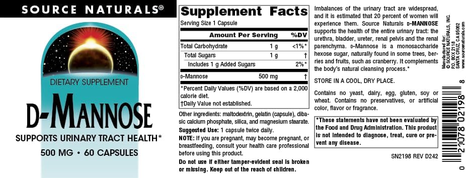 Source Naturals, D-Mannose - 500mg - 30 Capsules | Supports Urinary Tract & Bladder Health