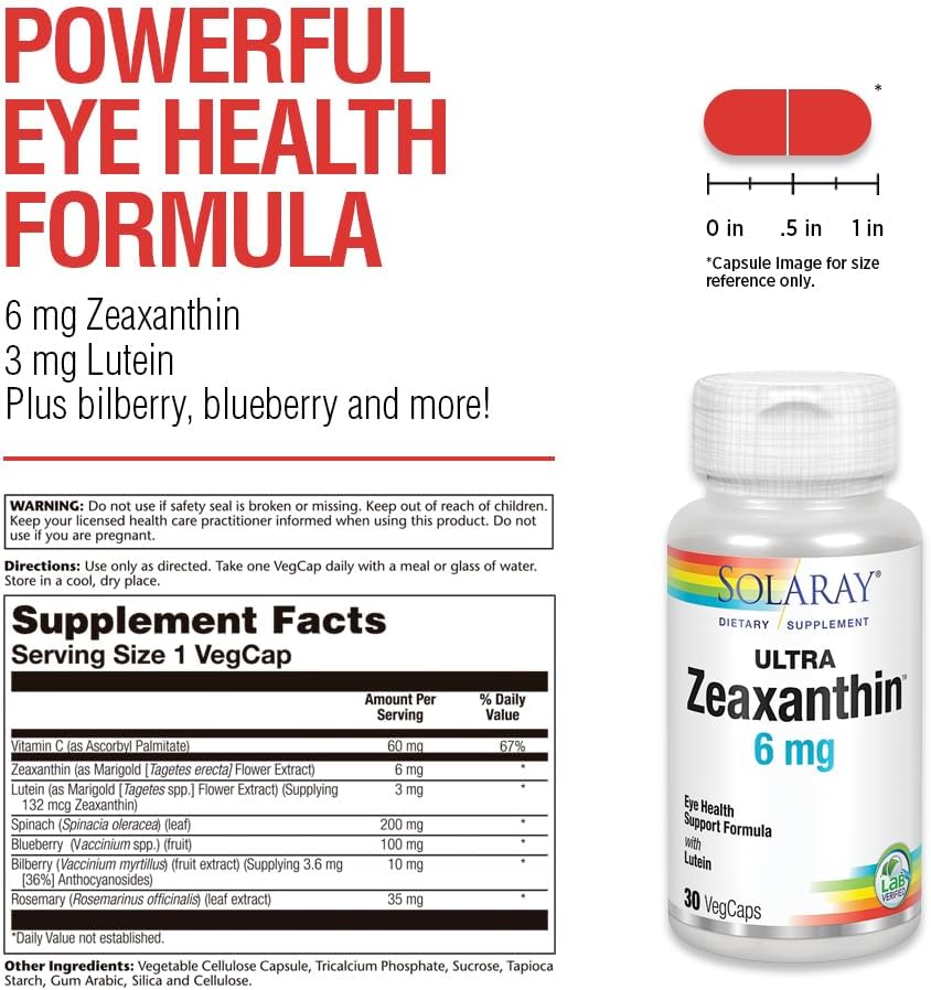 SOLARAY Ultra Zeaxanthin 6 mg, 30 Capsules | Eye & Macular Health Support, Zeaxanthin, Lutein, Bilberry & Blueberry, 30 Servings, Lab Verified