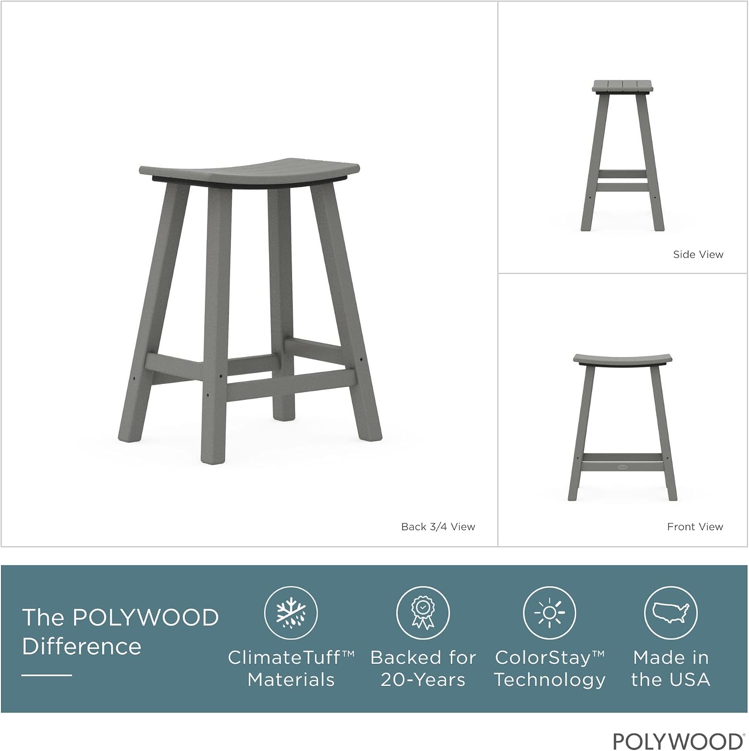 Polywood Outdoor Bar Stools - All-Weather 24 Inch Counter Height Outdoor Patio Bar Stools - Heavy Duty HDPE - Classic Curved Chairs for Pool, Deck