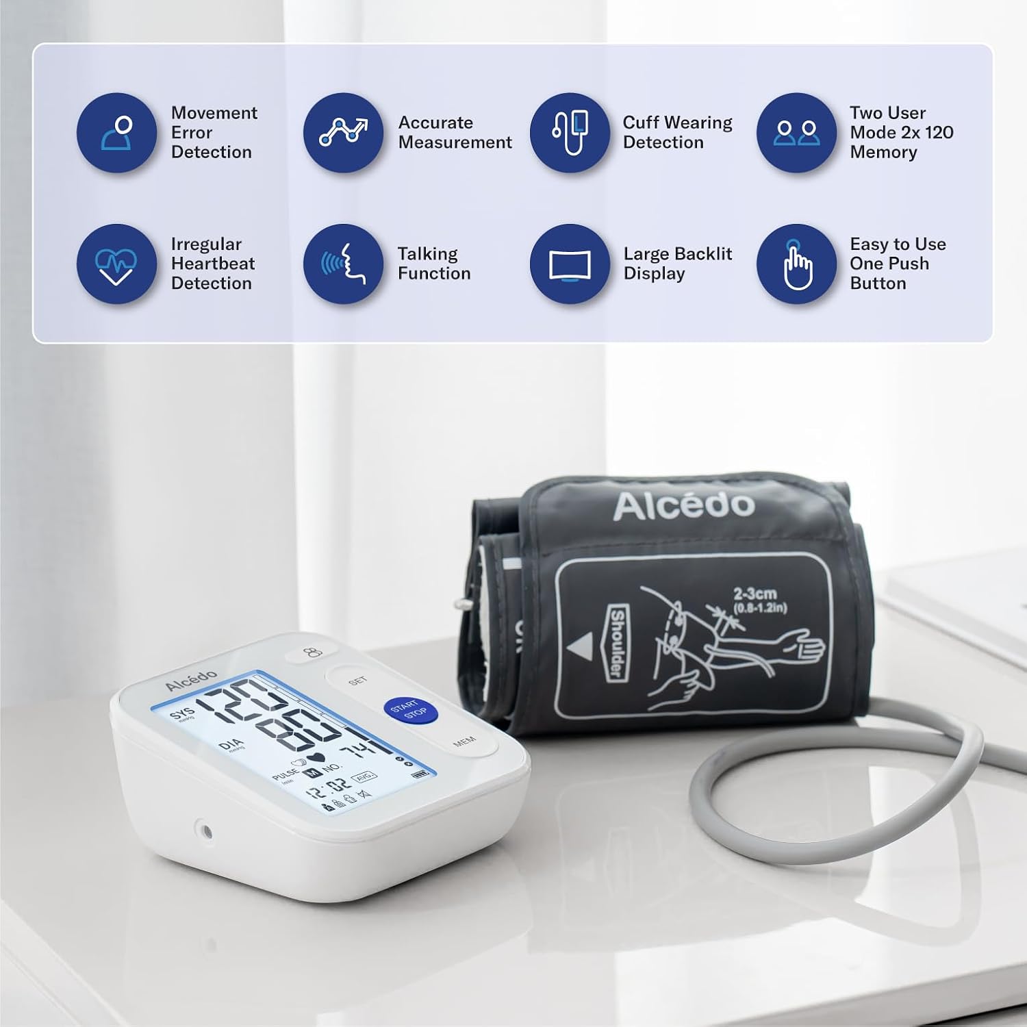 Alcedo Blood Pressure Monitor for Home Use, Upper Arm Cuff BP Machine | Large LCD Screen, Talking Function, 2x120 Memory, Large Cuff (8.7–16.5"), Batteries+USB Cable