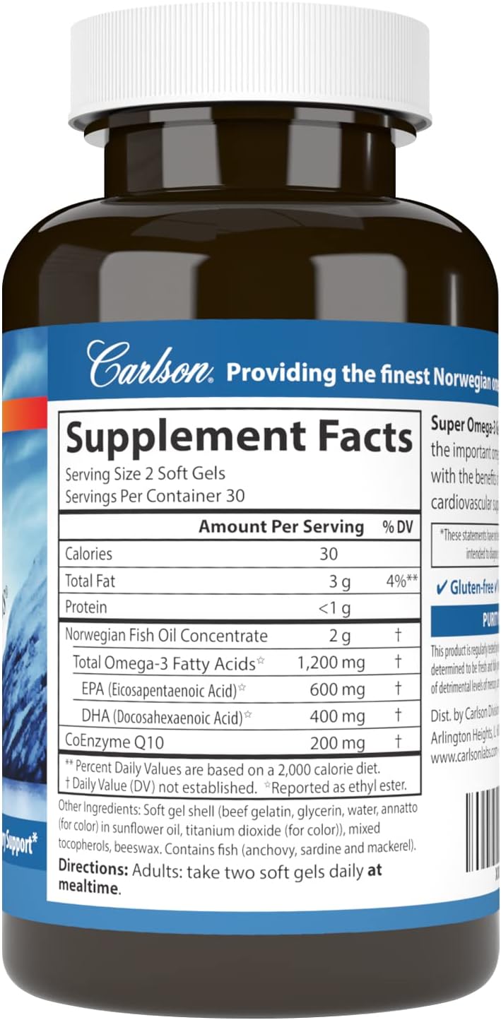 Carlson Super Omega-3 Gems + CoQ10, 1200 mg, Omega-3s, 60 Softgels | 200 mg CoQ10; Norwegian; Wild Caught; Sustainably Sourced