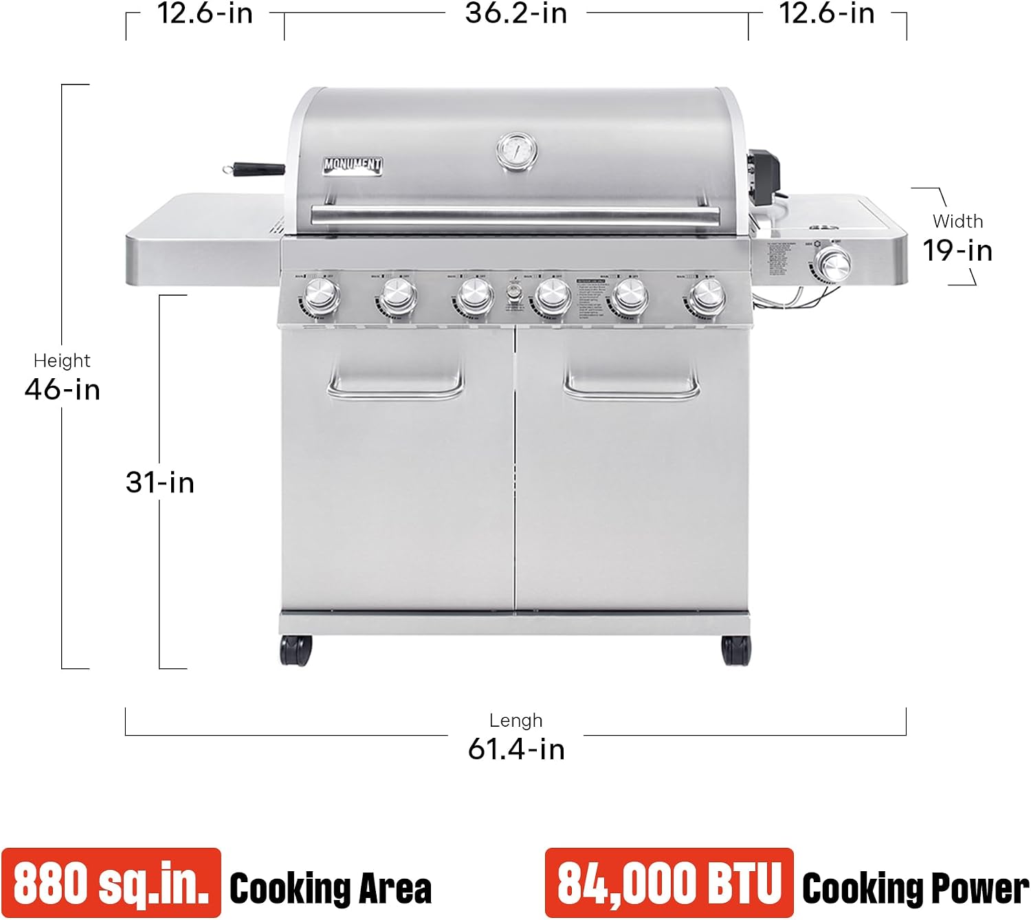 Monument Grills 77352 6+1 Burner Stainless Steel Cabinet Style Propane Gas Grill with Knob Controls, Side Burner, Built-In Thermometer