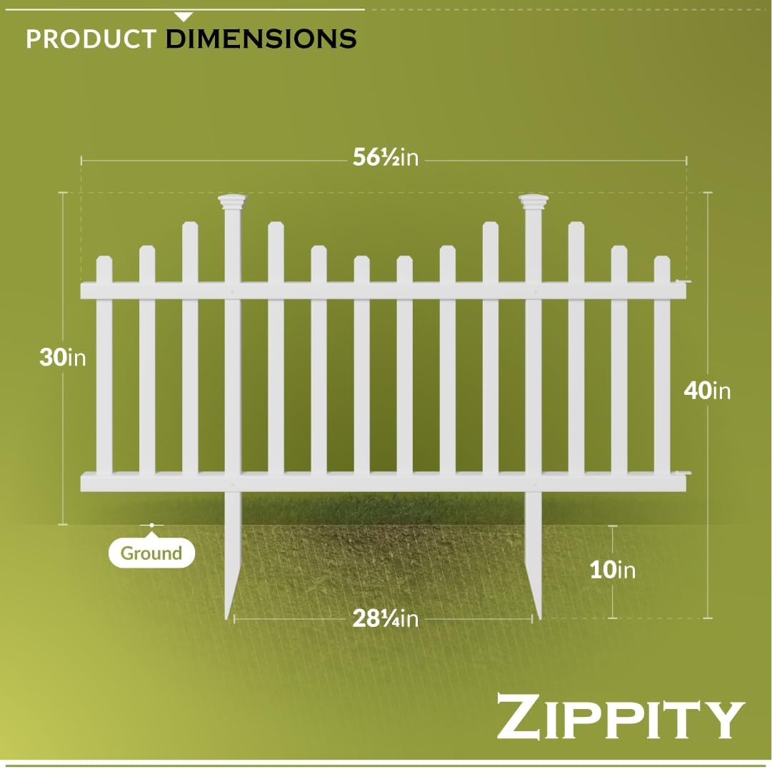 Zippity Madison Picket Fence Panels, White Vinyl DIY No Dig Kit | 2.5ftH x 2.3ftW, White, 2 Panels, Garden Border or Yard Enclosure, ZP19001
