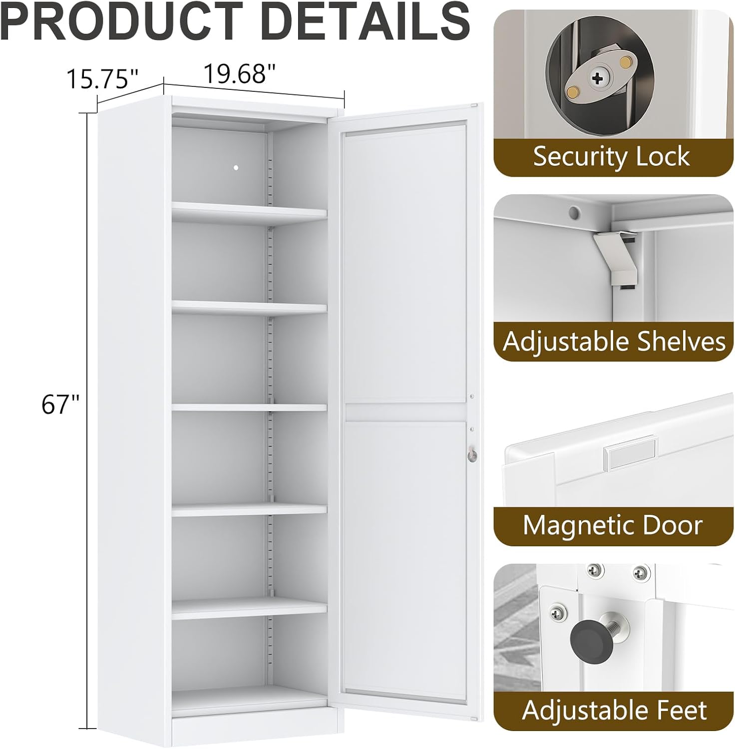 pozdeg 67" Tall Narrow White Metal Storage Cabinet | 2 Doors, 4 Adjustable Shelves, Freestanding Slim Pantry Organizer for Bathroom Kitchen Living Room