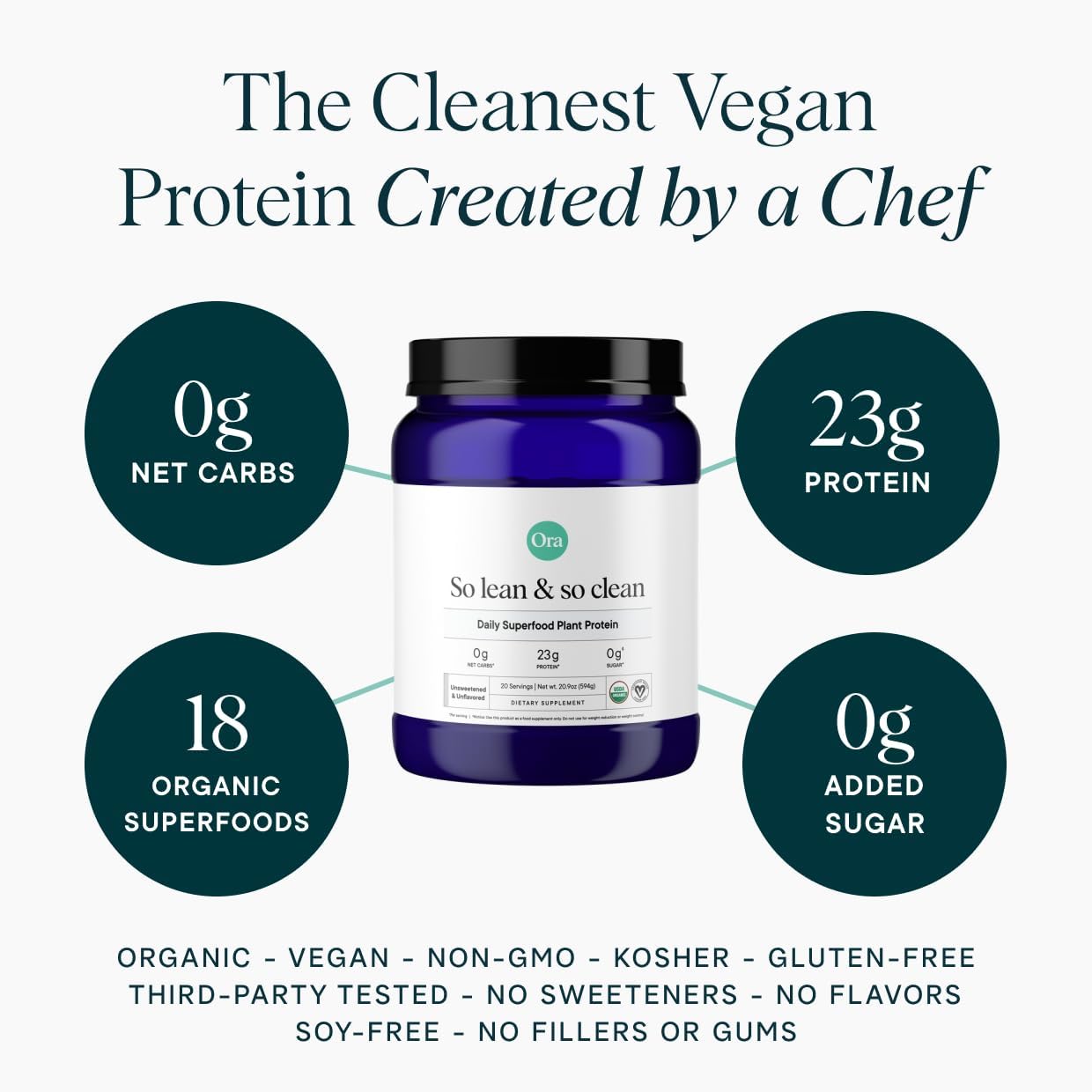 Ora Organic Plant-Based Protein Powder - 23g Protein for Women and Men - Vanilla Flavor 20 Servings, Vegan, Clean Protein, Third-Party Tested, Gluten-Free - 20 Servings