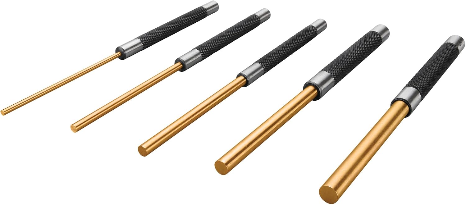 Performance Tool W758 5-Piece 8 in. Long Pin Punch Set | Carbon steel construction with hardened tips. Knurled handles for sure grip. Reaches deeply set pins