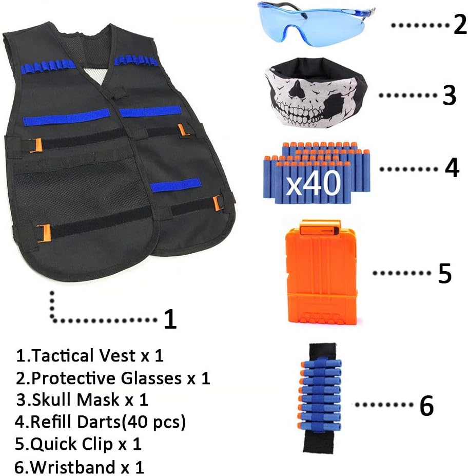 Tactical Vest Kit for Nerf Guns N-Strike Elite Series | with Refill Darts, Reload Clips, FaceTube Mask, Hand Wrist Bands, and Protective Glasses
