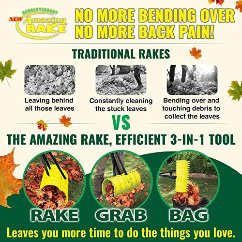 Back Saving Garden Rake ― Leaf Rakes for Gardening ― Leaf Picker Upper ― Heavy Duty Leaves Claw & Rakes Lawns Garden Tool ― Easy Leaf & Grass Grabber Without Bending Over ― Yellow