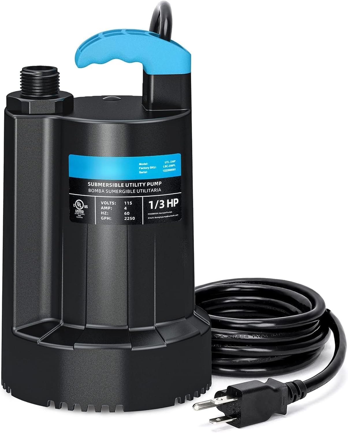 LEO 1/3 HP Automatic Sump Pump, 2250GPH Submersible Utility Pump, 10ft Cord | Water Pump with 3/4” Garden Hose Check Valve Adapter, Water Removal for Pool Draining Basement Hot Tubs Garden