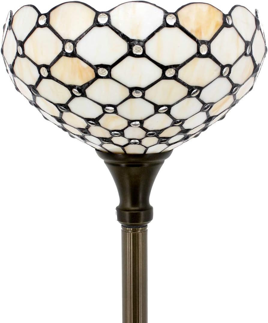 WERFACTORY Tiffany Floor Lamp Cream Amber Stained Glass Torchiere Light | 12X12X71 Inches Pole Standing Corner Torch Bead Uplight Decor Bedroom