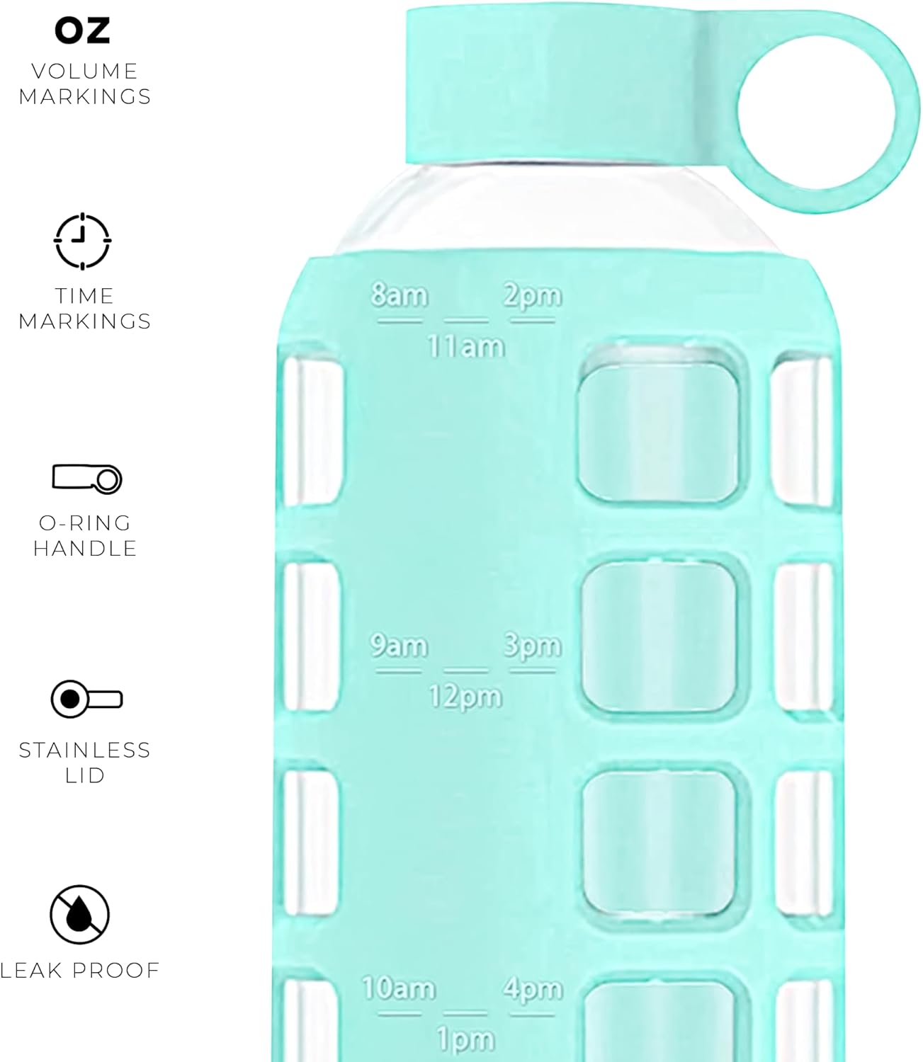 purifyou 40oz / 32oz / 22oz / 12oz Borosilicate Glass Water Bottle with Time & Volume Markers, Silicone Sleeve