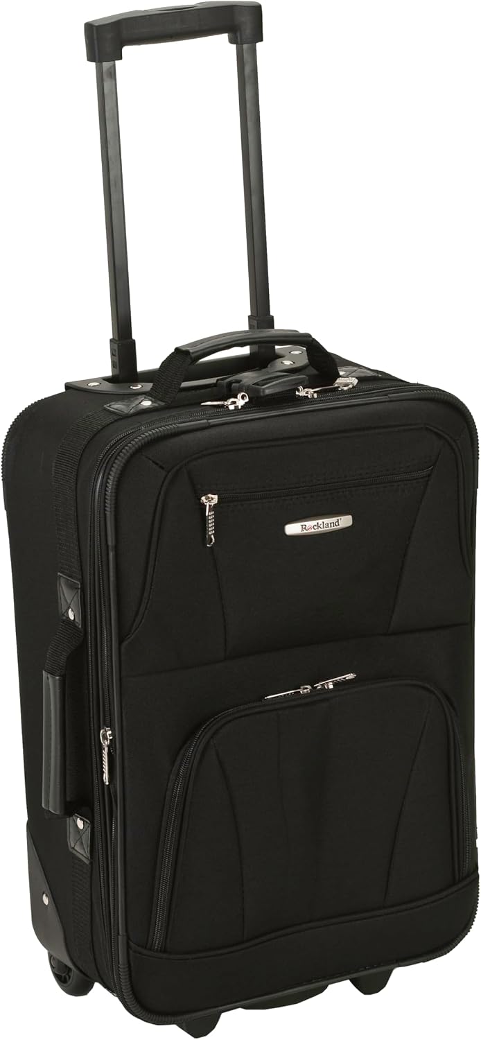 Rockland Fashion Softside Upright Luggage Set,Expandable, Telescopic Handle, Wheel, Black Dot, 2-Piece (14/19)