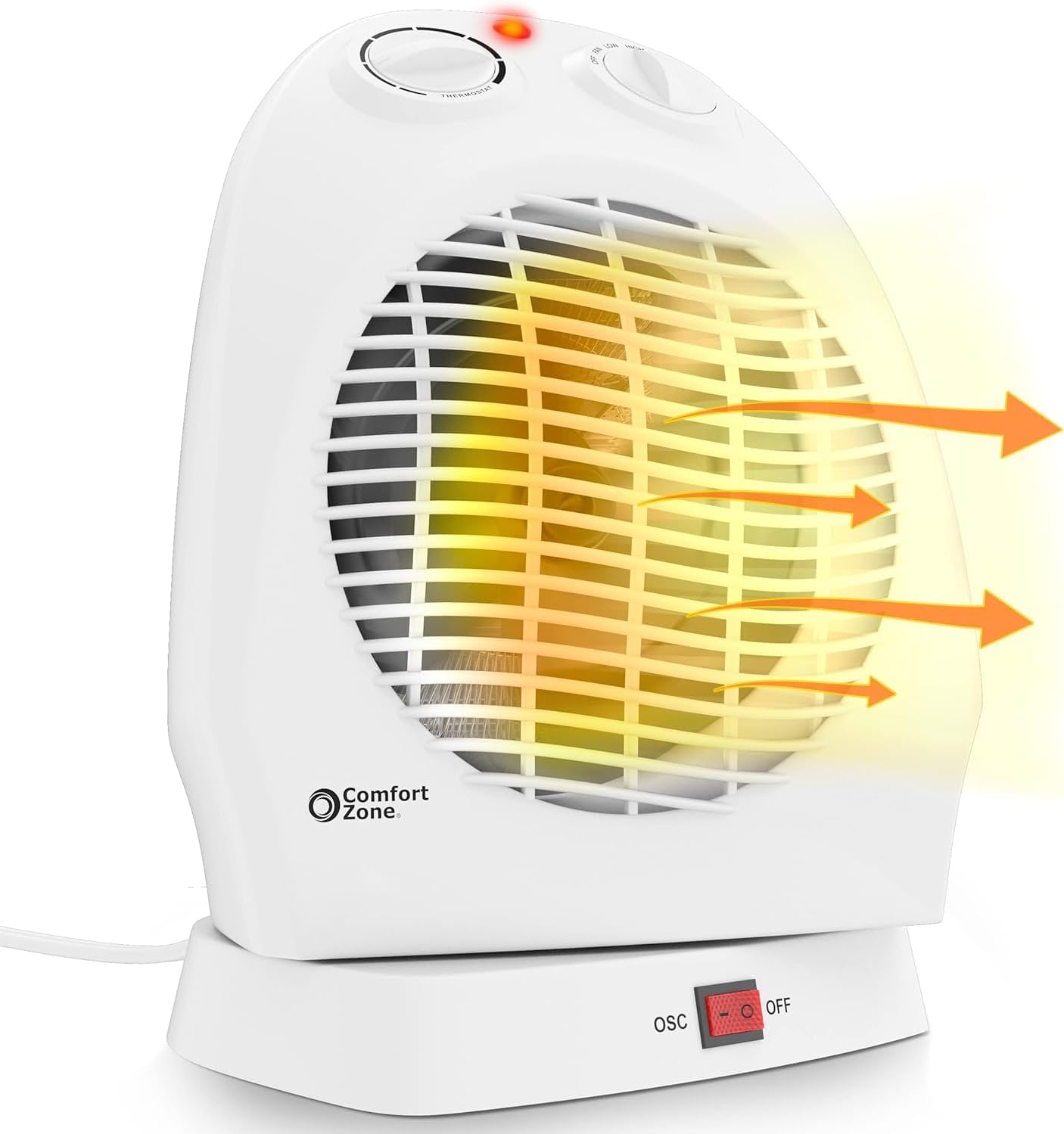 Comfort Zone CZ50 750/1500-Watt Fan-Forced Oscillating Electric Portable Heater with Adjustable Thermostat, Built-in Overheat Sensor, Safety Tip-Over Switch, and Heat Resistant Housing, White
