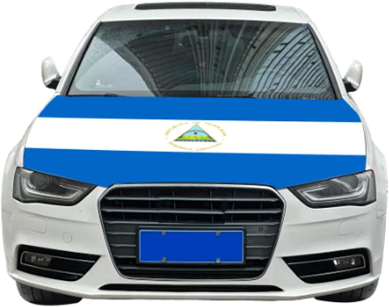 Nicaragua Car Hood Cover, Flag 4x5ft Car Bonnet Banner, Universal Fit, Elastic Polyester, Stretchable, Patriotic Automotive Hood Covers, Patriot Gifts
