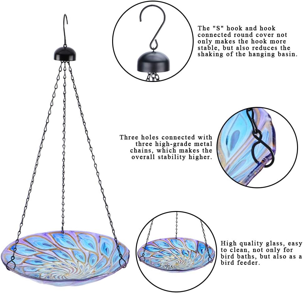 VCUTEKA Hanging Bird Baths Outdoor Glass Birdbath Feeder for Garden Decor