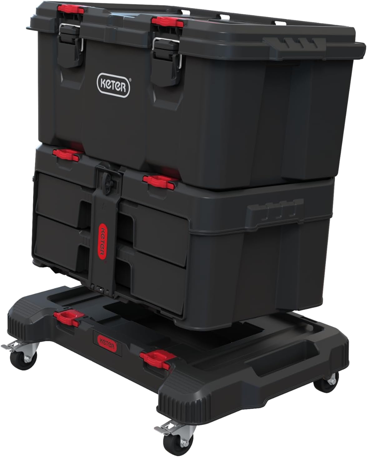 Keter Masterloader Resin Rolling Tool Box with Locking System and Removable Bins – Perfect Organization and Storage Chest for Power Drill, Tape Measure, and Screwdriver Set, Black | Black, Heavy Duty, Weatherproof, All Terrain Wheels, Durable, Easy Slide…