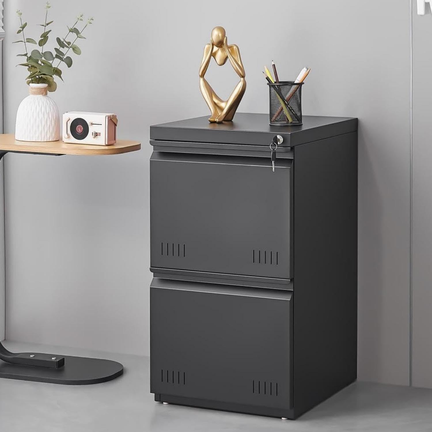 Guizeeopo 3 Drawer File Cabinet with Lock, File Cabinets for Home Office,Under Desk Cabinet, Locking File Cabinet for A4/Letter/Legal, Fully Assembled Expect Casters, Matte White