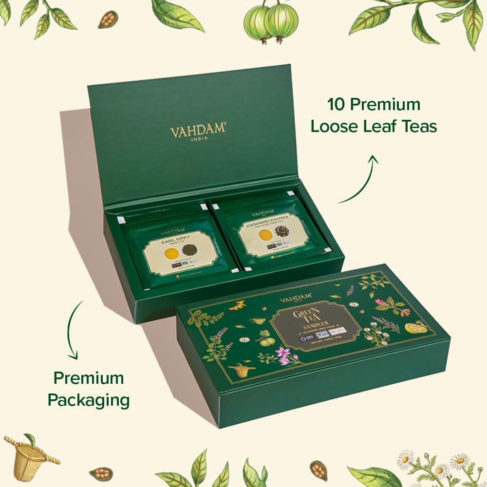 VAHDAM Assorted Green Tea Loose Leaf Tea Gift Set (10 Flavors) | Loose Leaf Green Tea Collection | Includes Himalayan Green Tea Varieties | Packed in Resealable Ziplock Pouches