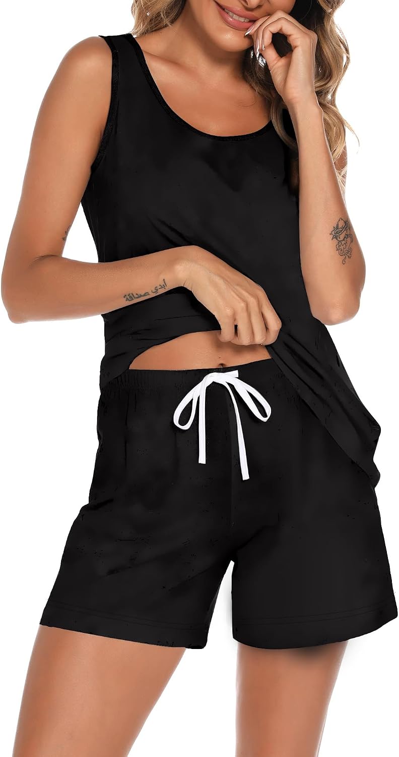 ENJOYNIGHT Womens Pajama Set Cotton Summer Sleep Tank and Shorts Pjs