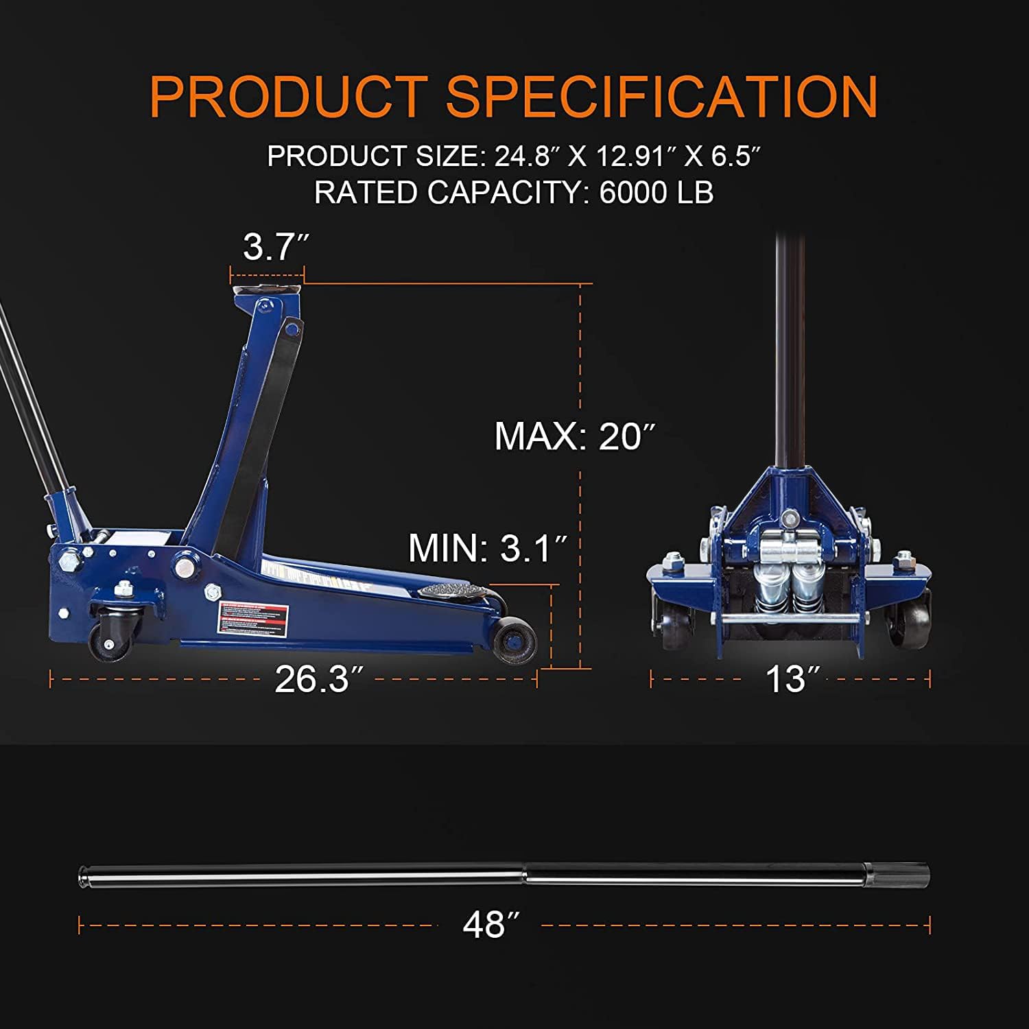TCE TCET825051 Torin Hydraulic Low Profile Trolley Service/Floor Jack with Single Piston Quick Lift Pump, 2.5 Ton (5,000 lb) Capacity, Blue