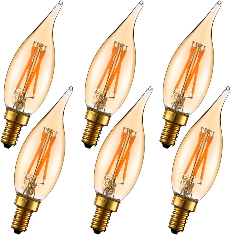 LiteHistory CA10 E12 Candelabra Bulb 40 watt,Amber Light Bulbs,2200K,6Pack | 4w=40 watt Light Bulbs,E12 Bulb,250lm,AC120V,ETL,Candelabra Light Bulbs for Chandelier Light Bulbs,Pendant,Candle Light Bulbs
