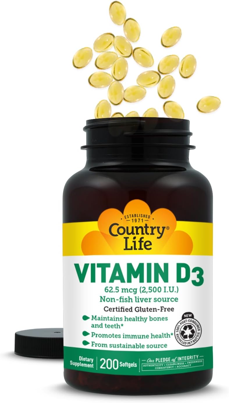Country Life Vitamin D3 2500 IU, Non-Fish Source, 200 Softgels | Supports calcium absorption and helps maintain healthy bones