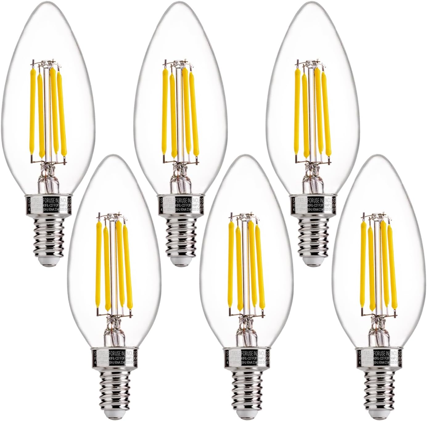 60W Equivalent LED Chandelier Light Bulbs, Dimmable, E12 Base, Clear B11 LED Filament Candelabra Bulbs, 2700K Soft White, 6 Pack