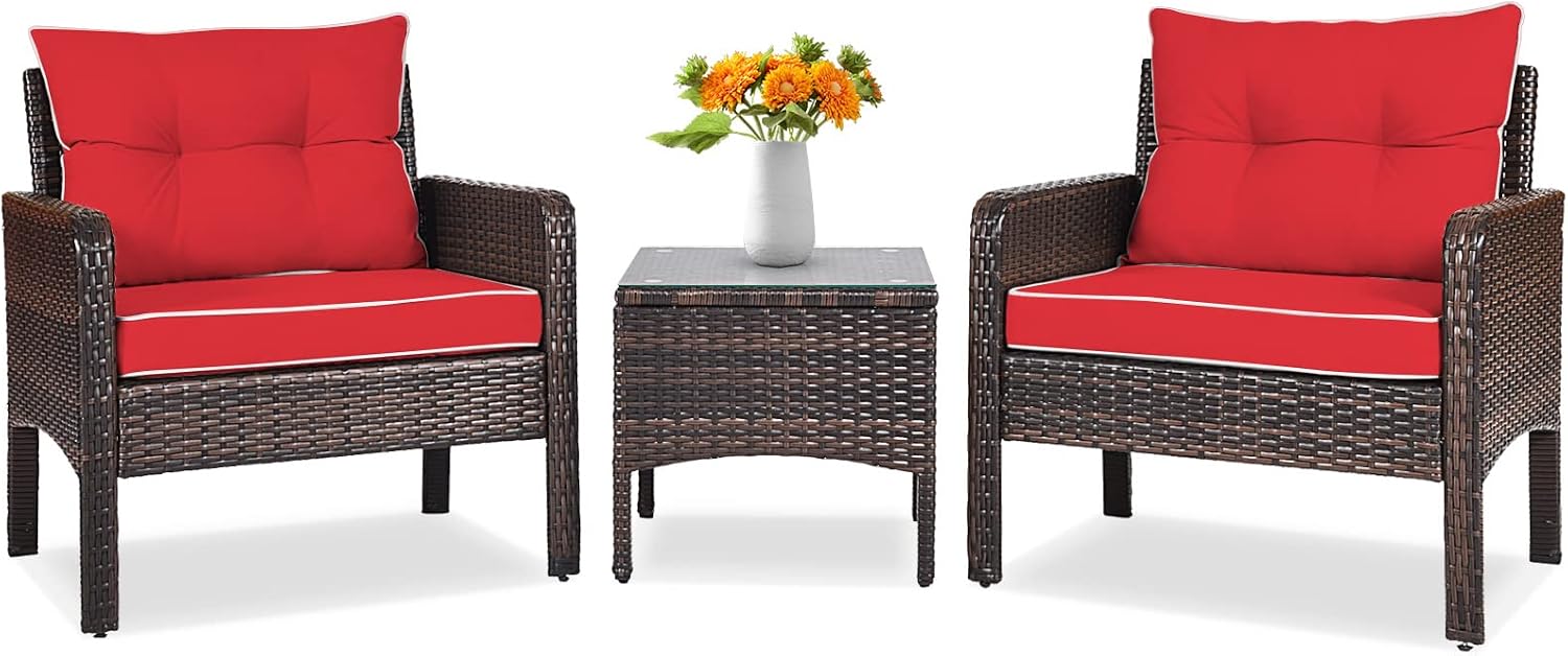 Tangkula 3 Piece Outdoor Patio Furniture Set, Wicker Chairs Set with Glass Top Coffee Table, Thick Cushions