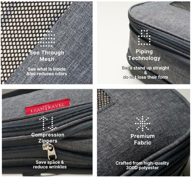 LeanTravel Premium Compression Packing Cubes for Travel - Suitcase Organizer Bags with Double Zipper & Breathable Mesh Panel - Space Saving Carry On Luggage Essentials (6-Pack, Grey)
