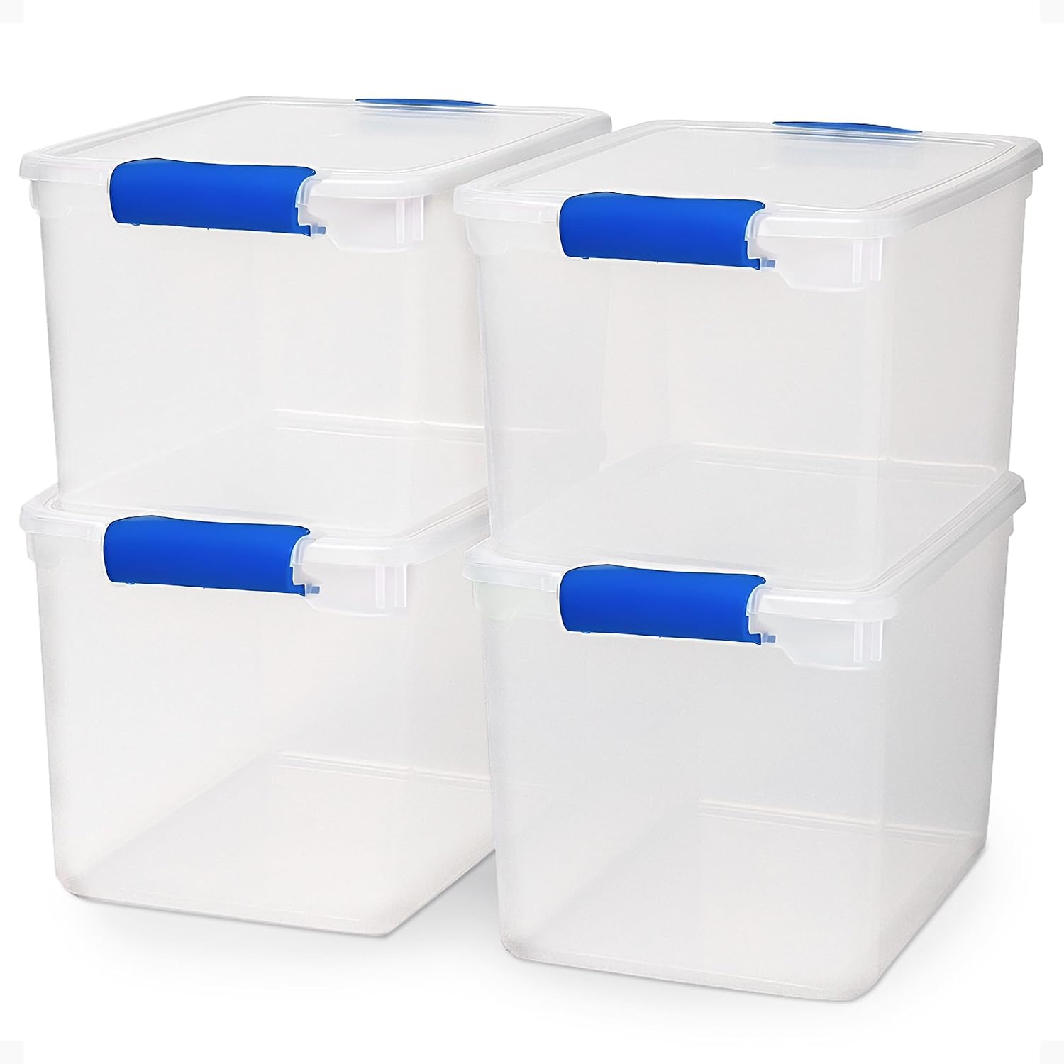 HOMZ Clear Plastic Storage Bins with Latching Lid, 15.5 Qt, Blue, 4 Pack | Stackable Container Set for Home, Office Shelves, Kitchen, Garage, and Bathroom Organization
