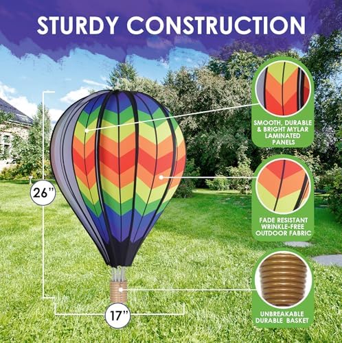 Hot Air Balloon Hanging Garden Spinner 26" - Vibrant Double Rainbow Chevron Design, Weather-Resistant Outdoor Decor, Durable & Lightweight for Patios