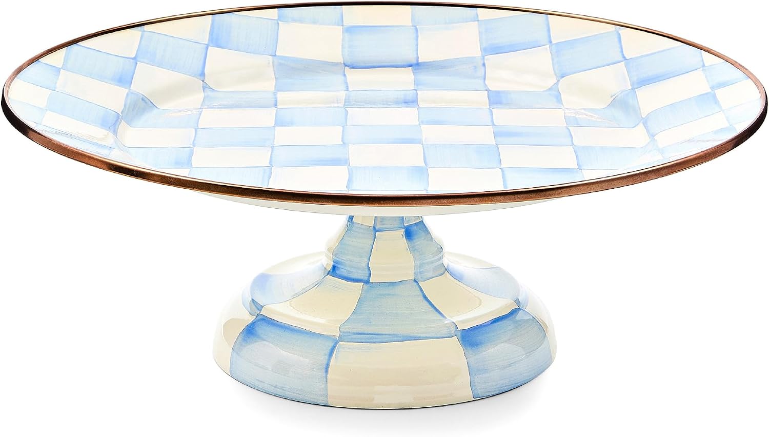 MACKENZIE-CHILDS Pedestal Platter, Mini, Black-and-White Courtly Check | Hand-painted design, made from enameled steel, stackable round cake stand for serving desserts, 8" dia. x 3" H