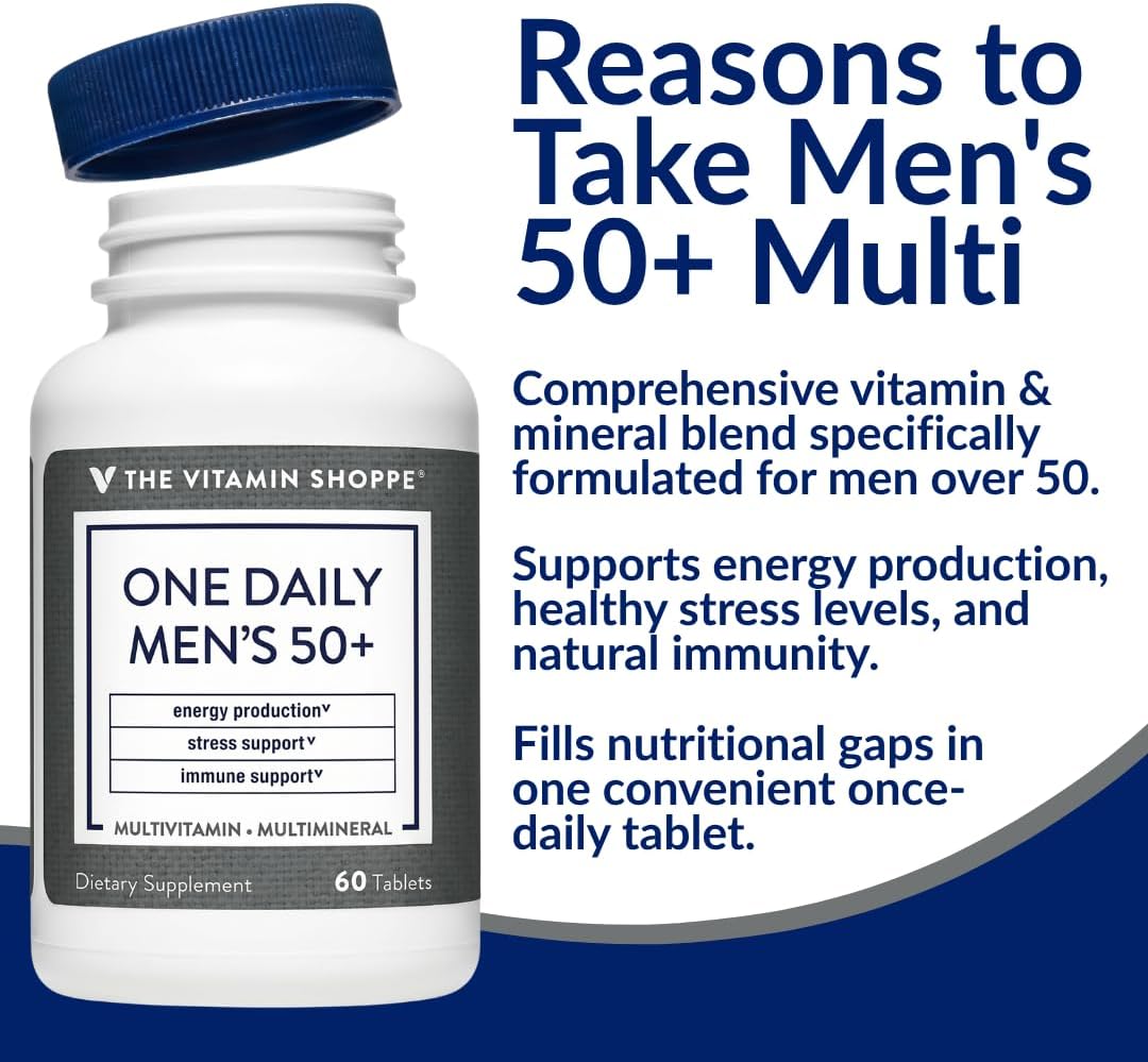 The Vitamin Shoppe Brand One Daily Men's 50+ Multivitamin, 60 Tablets | Includes Magnesium, Zinc, Calcium and More, Energy Stress & Immune Support