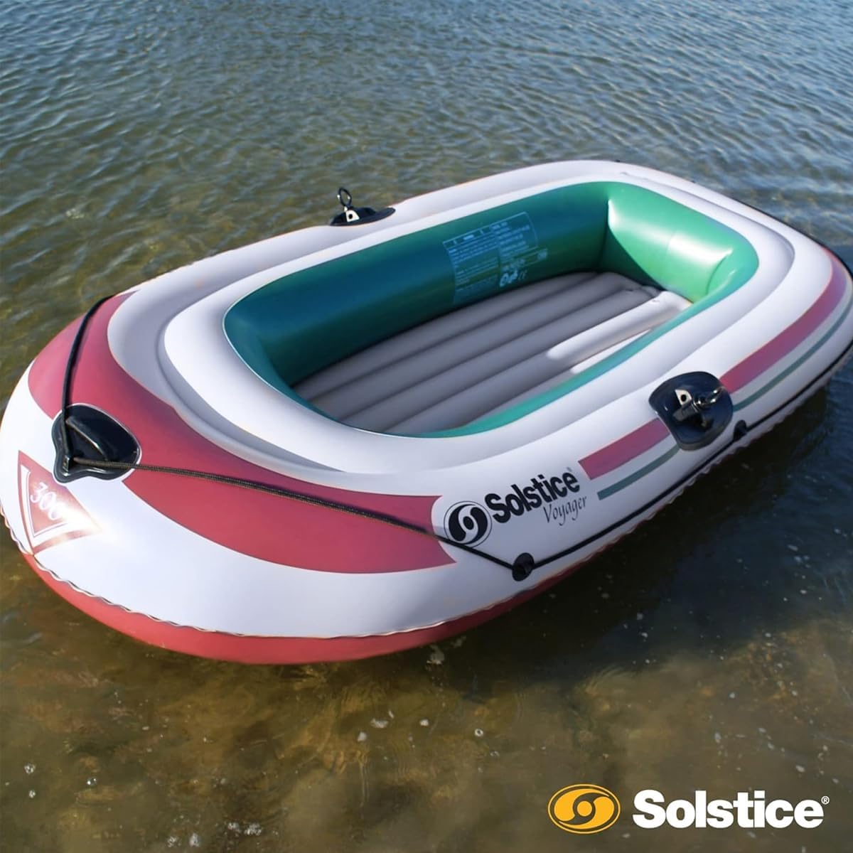 Solstice Voyager 4-Person Inflatable Fishing Boat with Dual Swivel Oar Locks and Rod -Holder, Motor Compatible 9' x 5'