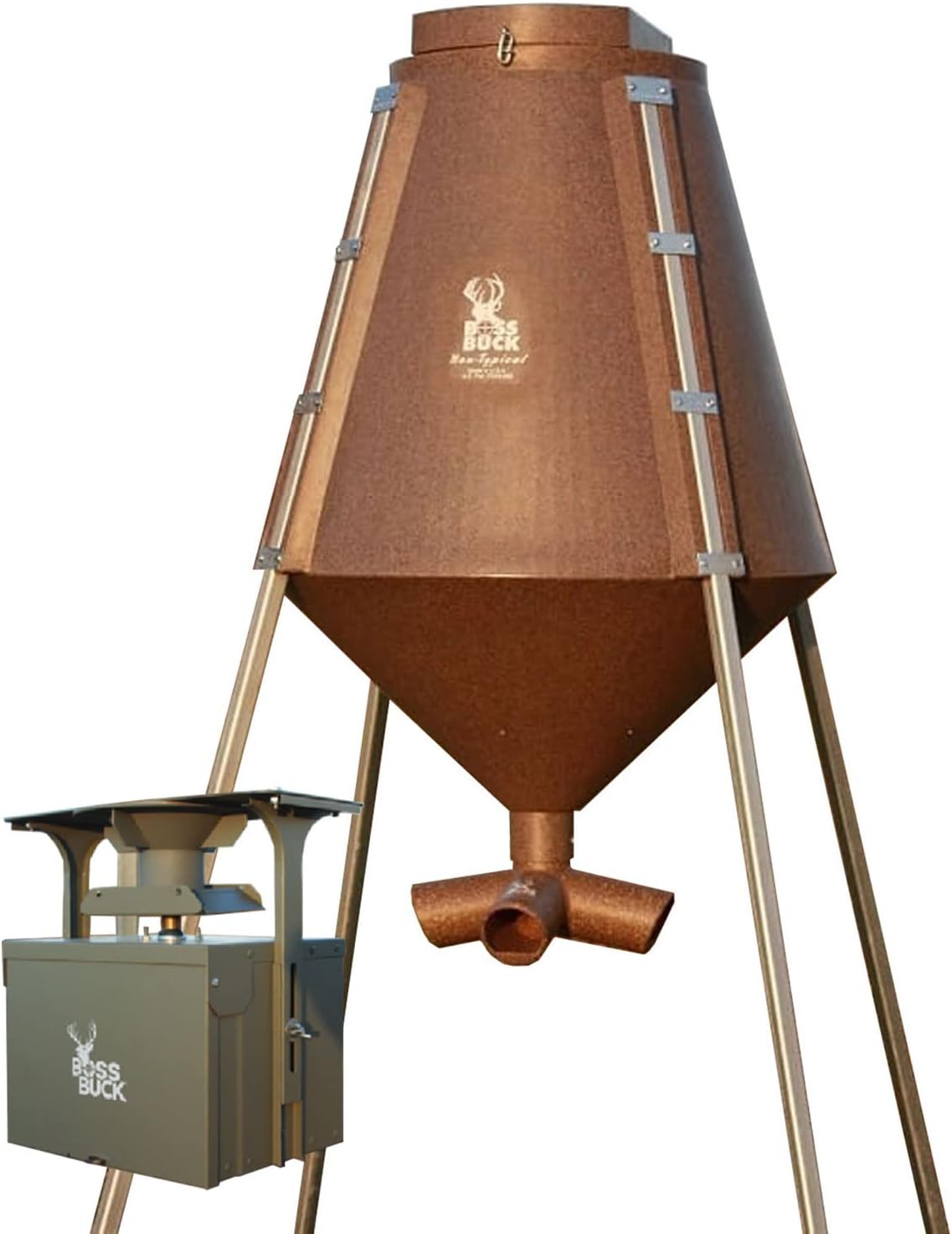 BOSS BUCK 200 LB Deer Feeder/Hunting Durable Lightweight Plastic UV Protected Waterproof Game Feeder with Protein 3 Feed Tubes Head, 12V Spinner Automatic Delivery System & Multi-Piece Legs | Auto feed system for outdoor, wildlife and hunting, 200 pound…
