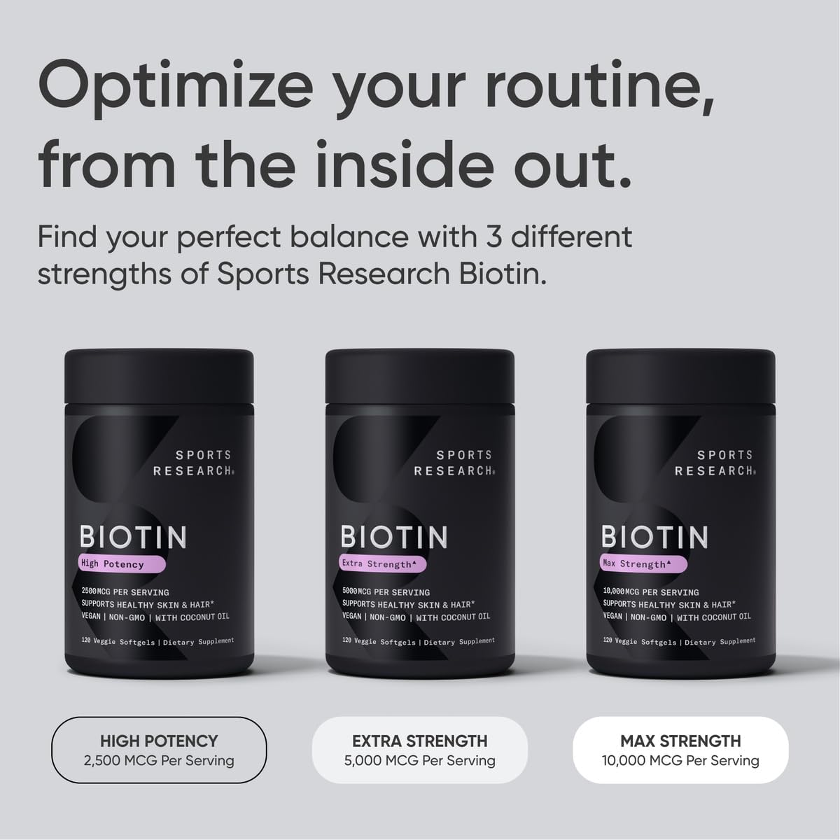 Sports Research® Biotin 10,000mcg w/Coconut Oil, 120 Count Plantgels™ | Max Strength Vegan Biotin (Vitamin B7) for Healthy Skin and Hair Support | Non-GMO, Gluten & Soy-Free, 120 Servings