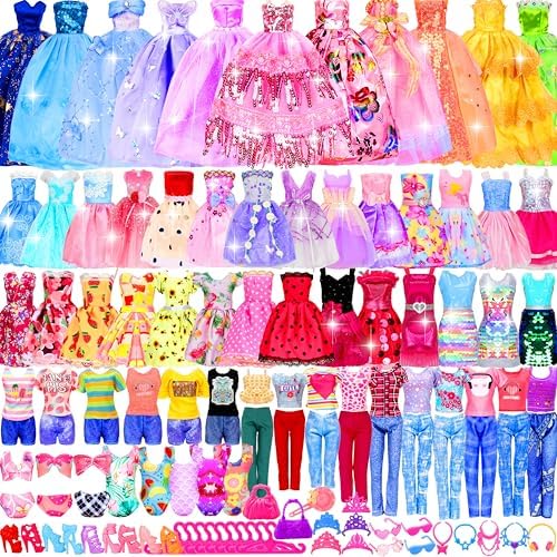 195 Pcs Doll Clothes and Accessories Kit, Include Princess Gowns, Fashion Skirt, Slip Dresses, Tops, Pants, Bikini Swimsuits, Shoes, Crowns