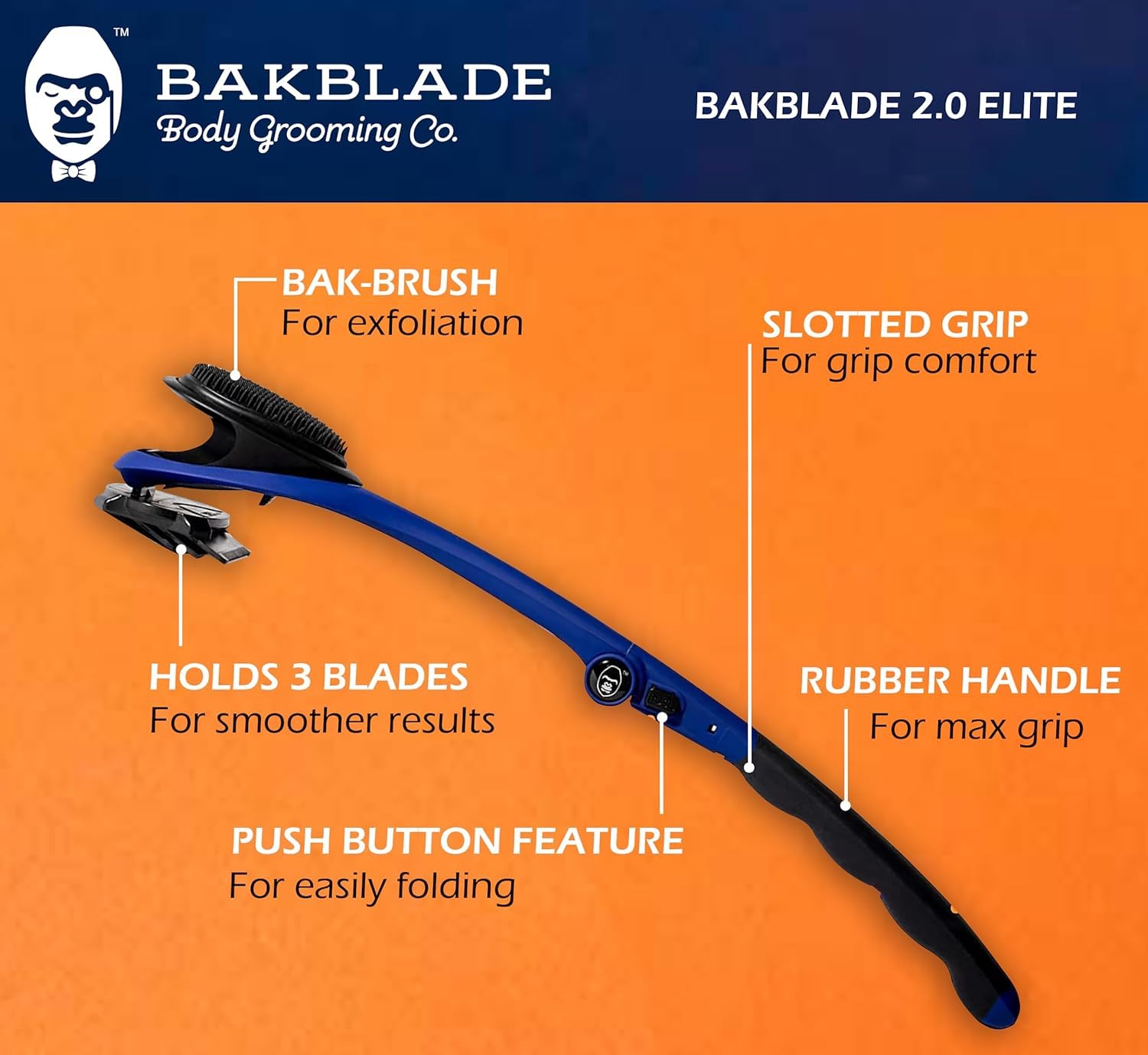 BakBlade 2.0 Elite Back Shaver for Men With Silicone Handle For Grip | Exfoliator Brush Included, 3 Rows of Blades, Ergonomic Foldable Handle