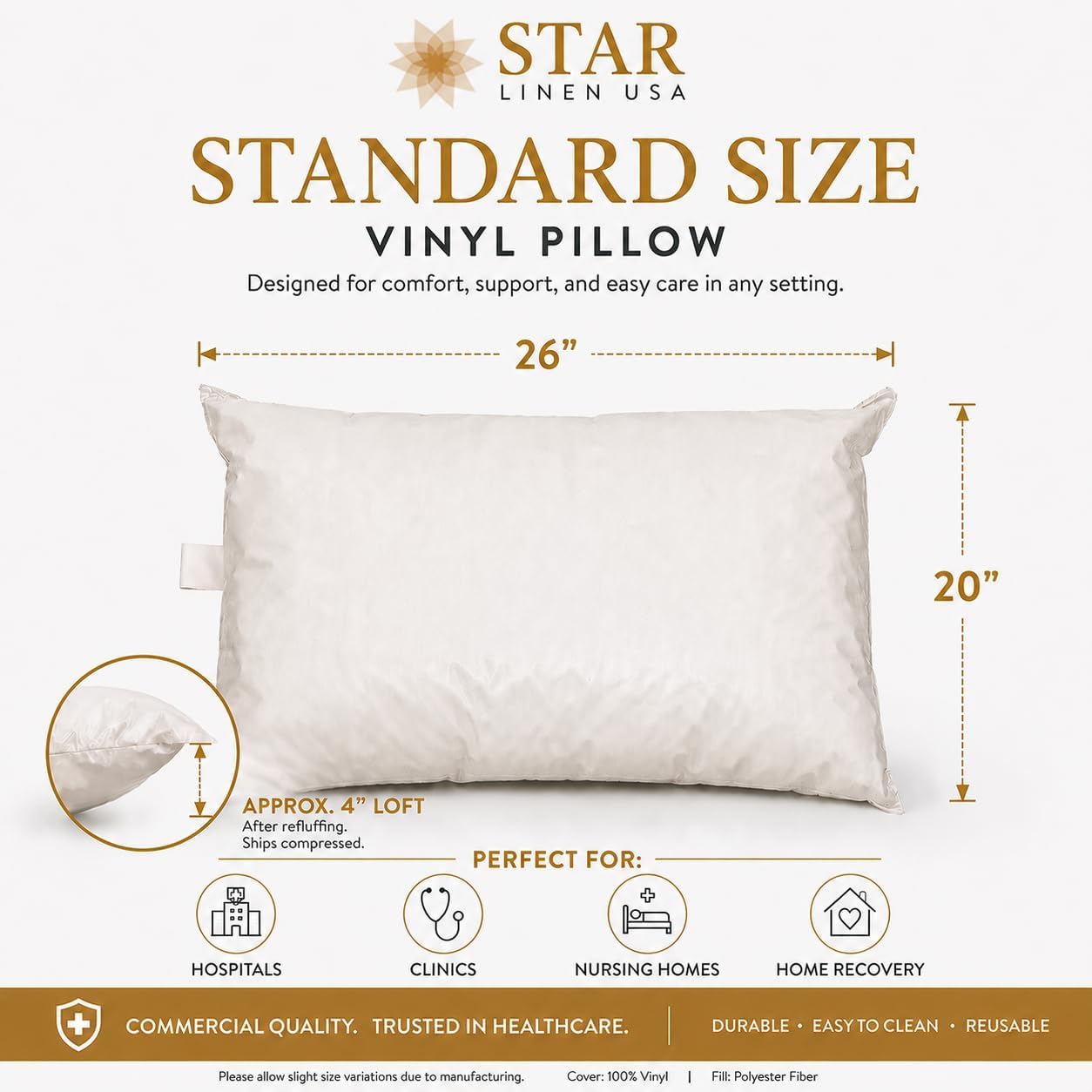 2 Pack MediCheck White Vinyl Covered Bed Pillows - Wipeable Easy Clean - Soft Low Profile Non-Fluffy Support - Not an Encasement or Zippered