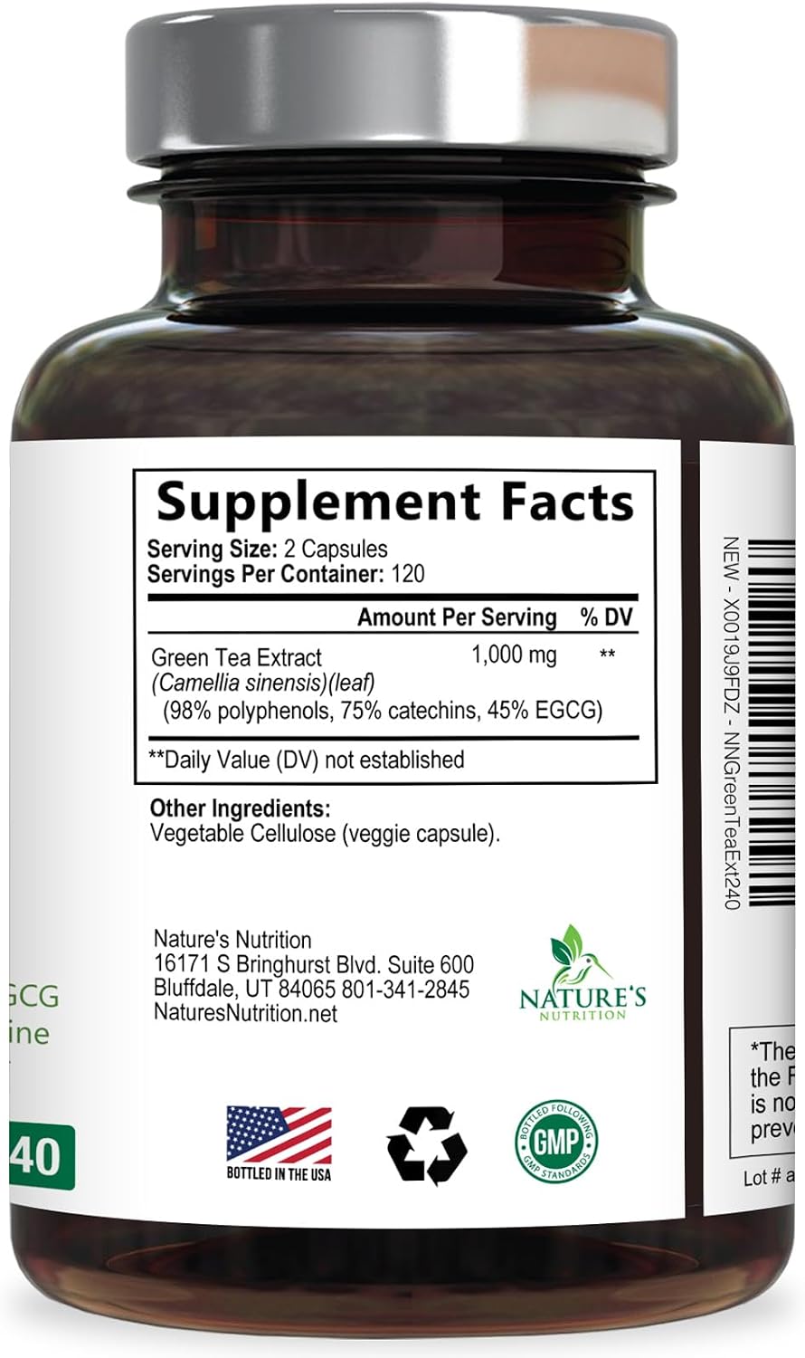 Green Tea Extract Capsules - 3X Strength Green Tea Extract 1000 mg Per Serving Pills with 45% EGCG & 98% Polyphenols for Natural Energy - Antioxidant Herbal Heart Support Supplement - 240 Capsules
