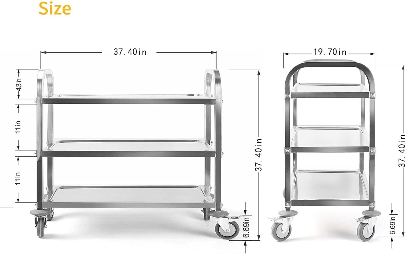 tonchean Extra Large 3 Tier Stainless Steel Cart 37.4 x 19.7 x 37.4 Inch