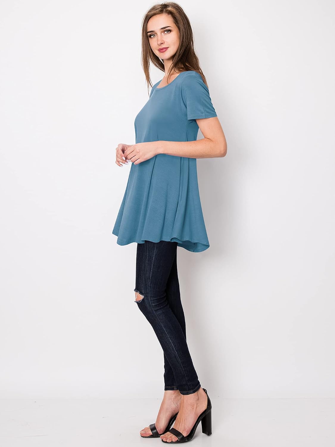 Lock and Love Women Solid Short Sleeve/Sleeveless Tunic for Leggings Swing Tunic Flare Tank Tops S-5XL Plus Size Made in USA