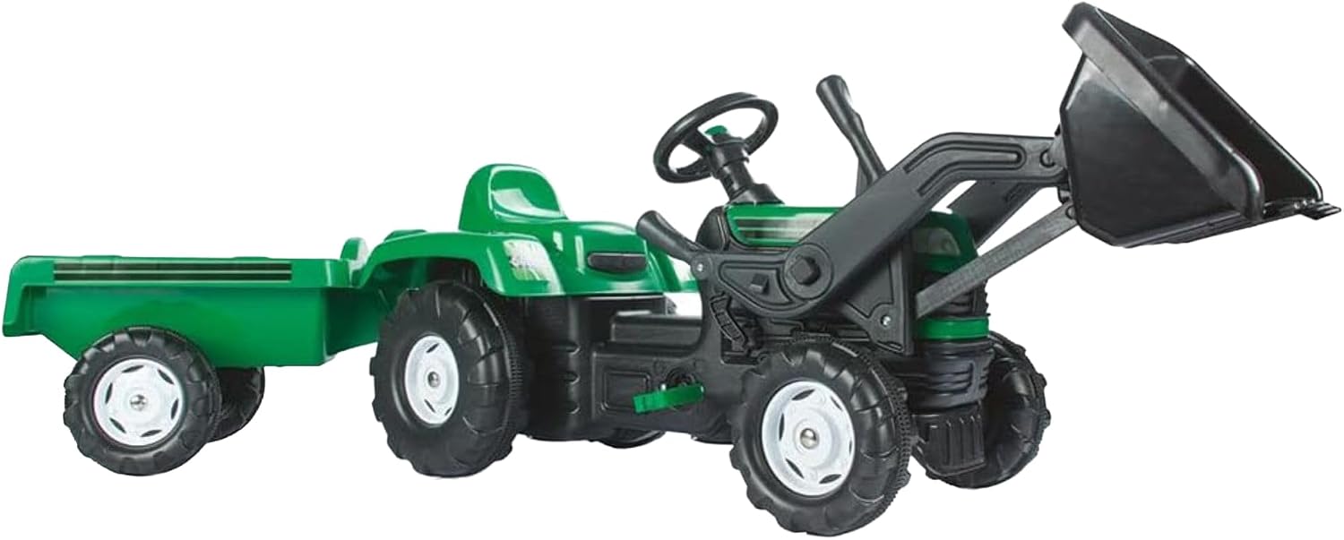 DOLU Pedal Operated Ride On Tractor for Kids with Full Ranchero Trailer, Indoor Outdoor Toy Vehicle with Front Loader & Hauling Trailer for Ages 3–6