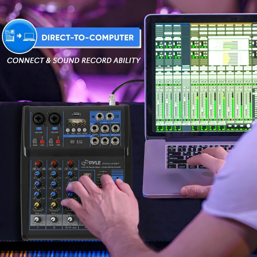 Pyle 4 Channel Audio Mixer with Bluetooth - DJ Sound Board Controller - USB Computer Input - Built-in MP3 Player - 48V Phantom Power - 3 Band EQ