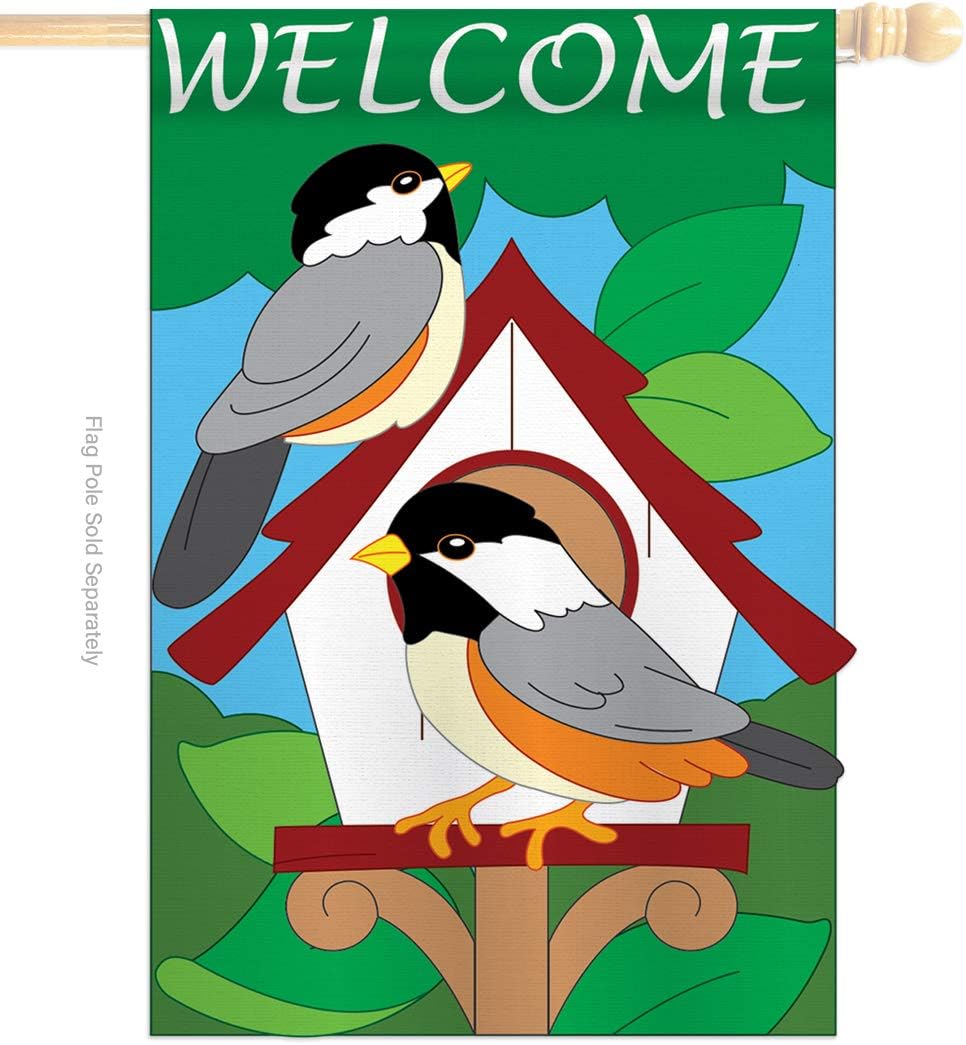 Two Group HS105030-P2-03 Bird House Garden Friends Birds Applique Decorative Vertical 28" x 44" Double Sided Flag Set Wood Dowel with String Hardware