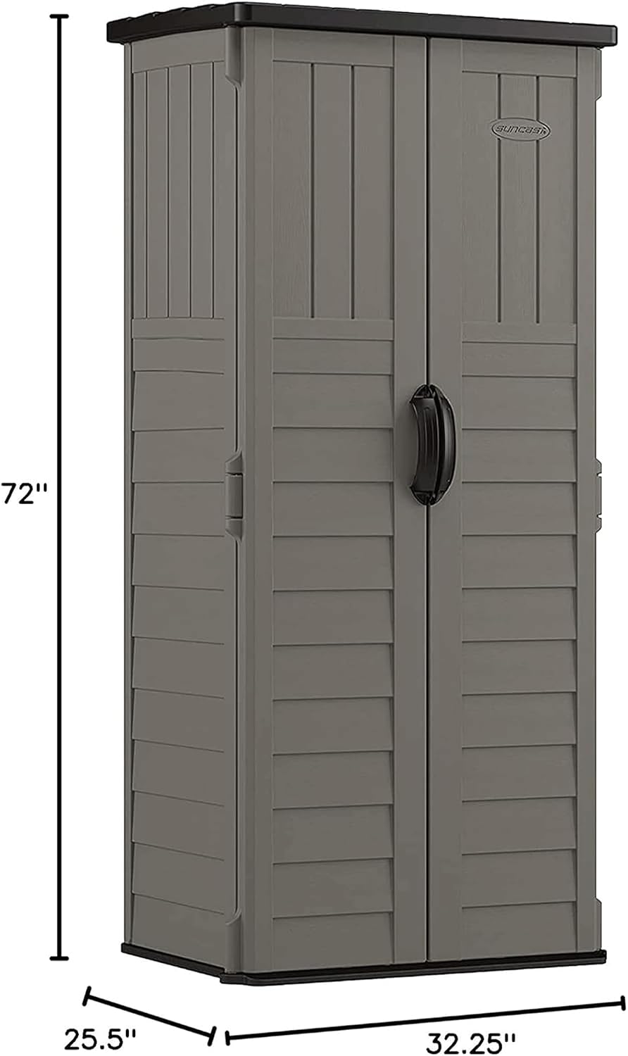Suncast 22 Cu Ft, Vertical Storage Shed, Pad-Lockable Double Doors, Stoney