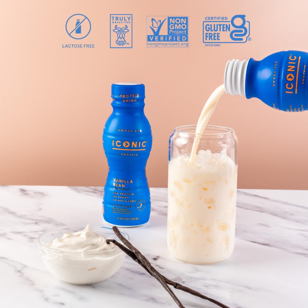 Iconic Protein Drinks, Vanilla Bean (12 Pack) - Sugar Free & Low Carb - 20g Grass Fed Protein - Lactose Free, Gluten Free, Non-GMO, Kosher - Keto Friendly Protein Shakes