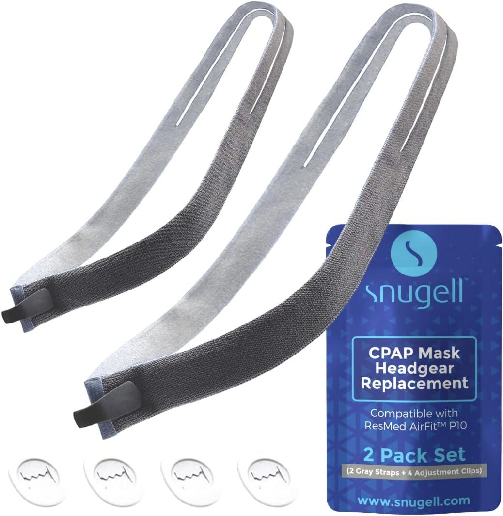 Snugell Headgear Strap Replacement for CPAP Masks, 2-Pack - Compatible with ResMed AirFit P10 - Premium Elastic, Durable - Gray - 4 Adjustment Clips